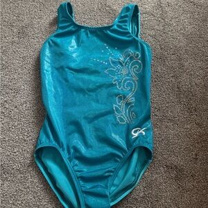 GK Shimmering Blue Leotard with Rhinestone Floral Design Sz CM